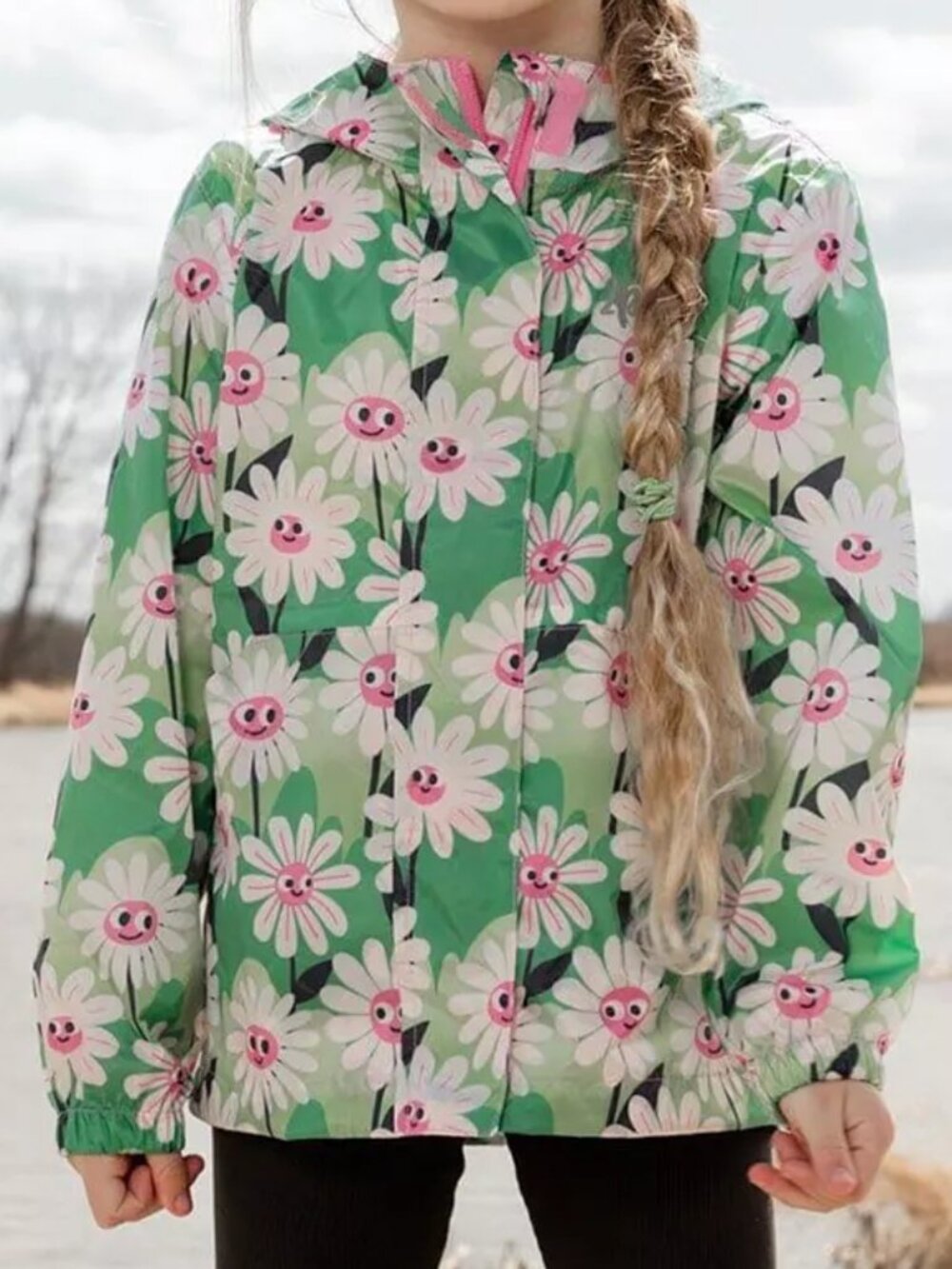 Deux par Deux Girl Packable Windbreaker in Polyester Smiling Flower Print NWT